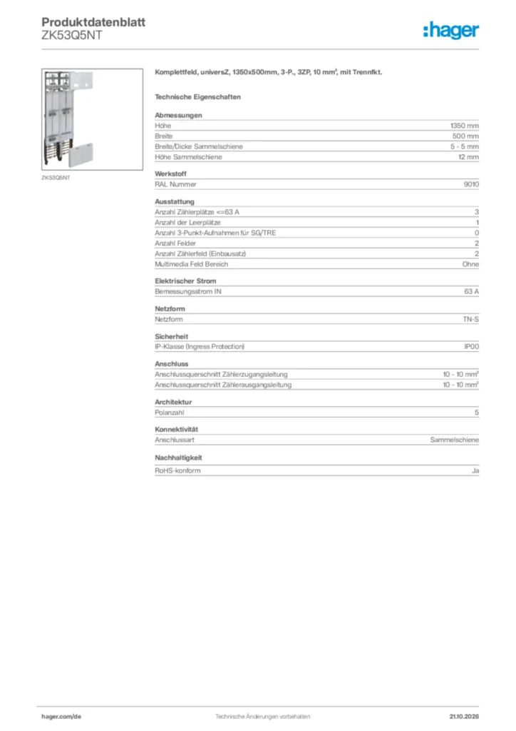 Bild Hager Produktdatenblatt ZK53Q5NT | Hager Deutschland