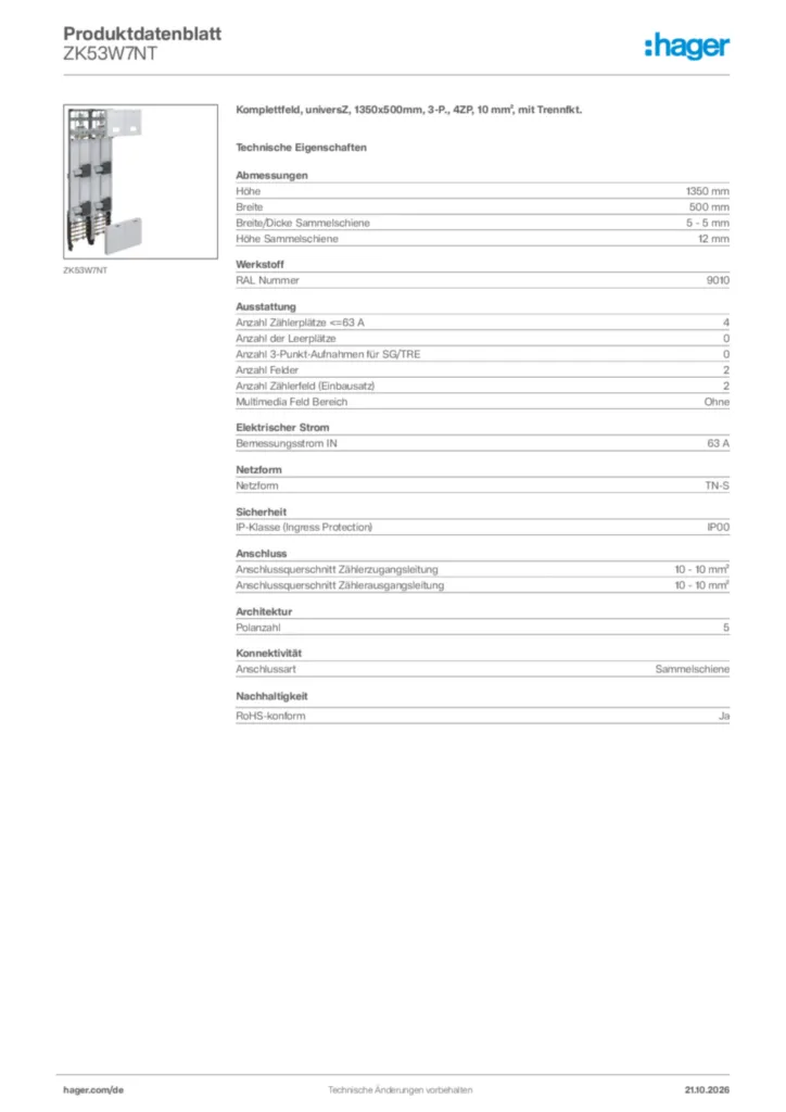 Bild Hager Produktdatenblatt ZK53W7NT | Hager Deutschland