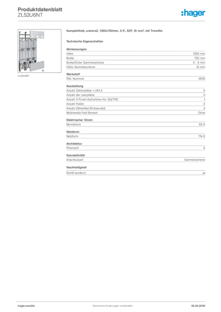 Bild Hager Produktdatenblatt ZL52U6NT | Hager Deutschland