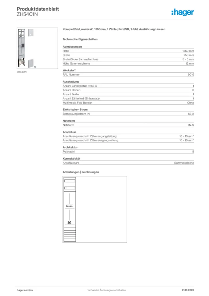 Bild Hager Produktdatenblatt ZH54C1N | Hager Deutschland