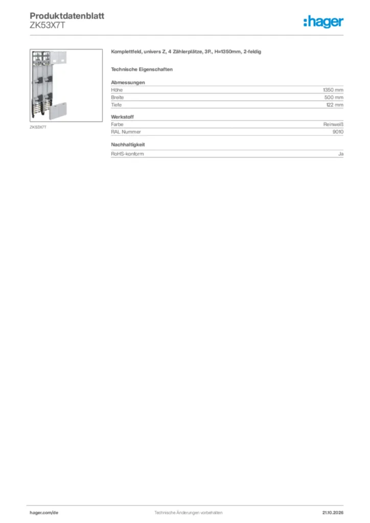 Bild Hager Produktdatenblatt ZK53X7T | Hager Deutschland