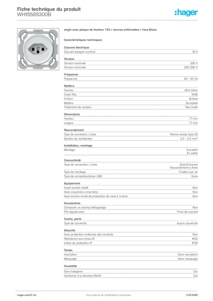 Image Hager Fiche technique du produit WH15585300B | Hager Suisse