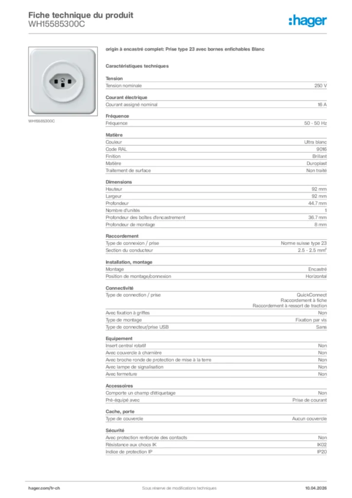 Image Hager Fiche technique du produit WH15585300C | Hager Suisse