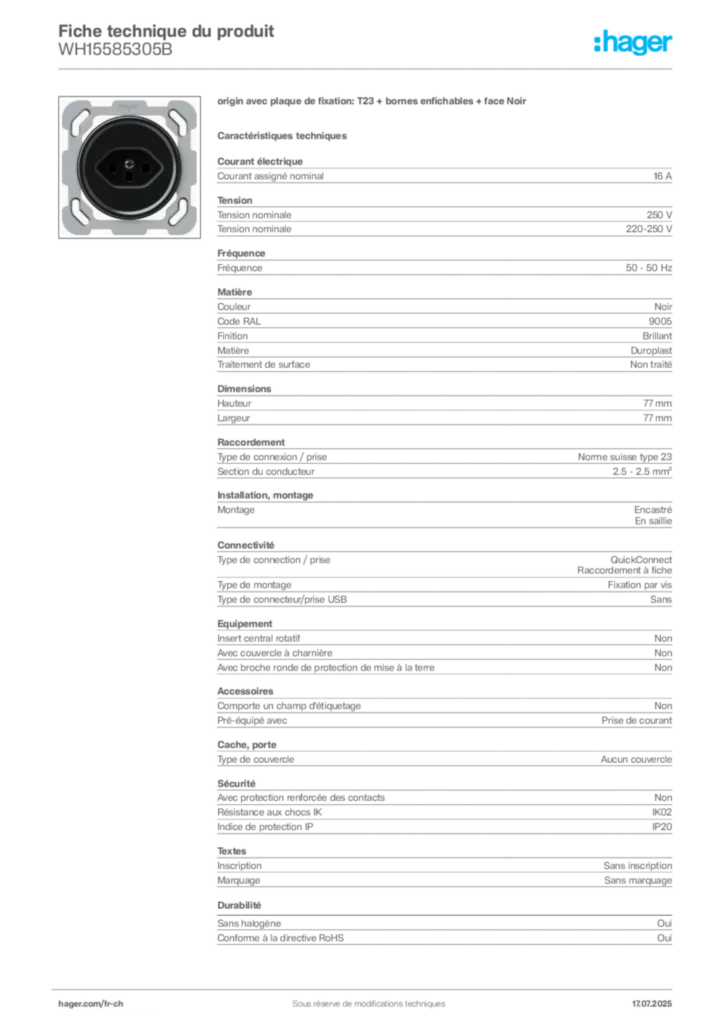 Image Hager Fiche technique du produit WH15585305B | Hager Suisse