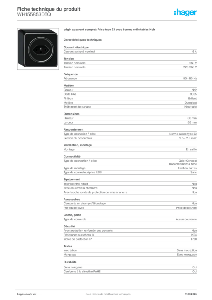 Image Hager Fiche technique du produit WH15585305Q | Hager Suisse