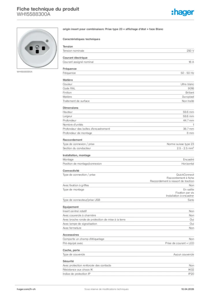 Image Hager Fiche technique du produit WH15588300A | Hager Suisse