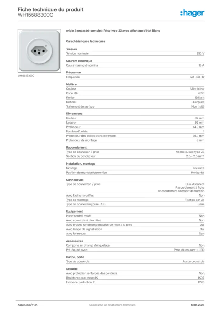 Image Hager Fiche technique du produit WH15588300C | Hager Suisse
