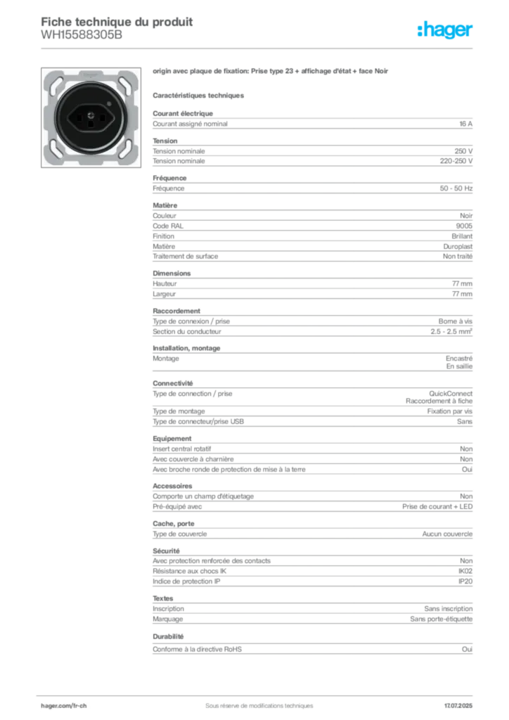 Image Hager Fiche technique du produit WH15588305B | Hager Suisse