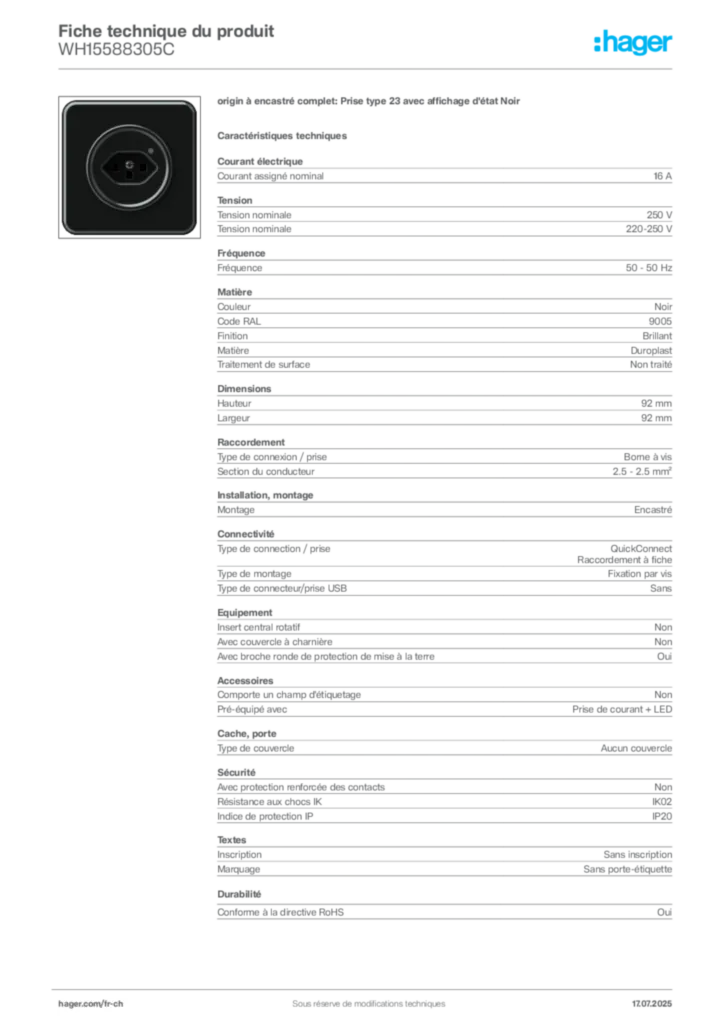 Image Hager Fiche technique du produit WH15588305C | Hager Suisse