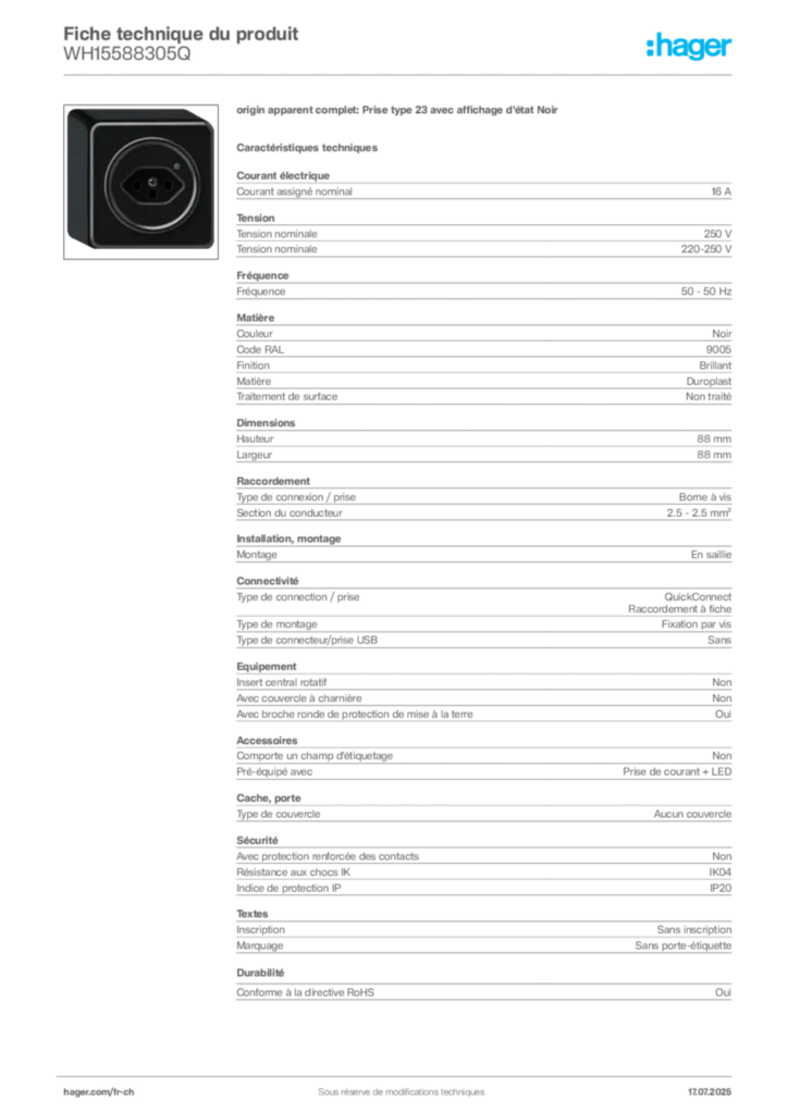 Image Hager Fiche technique du produit WH15588305Q | Hager Suisse