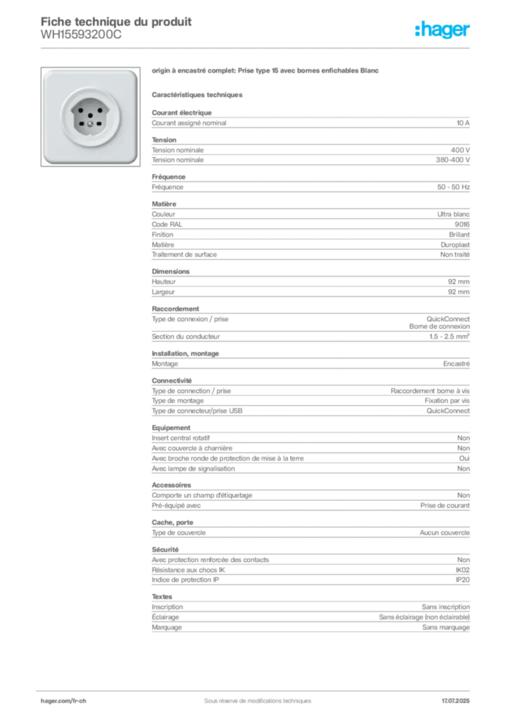 Image Hager Fiche technique du produit WH15593200C | Hager Suisse