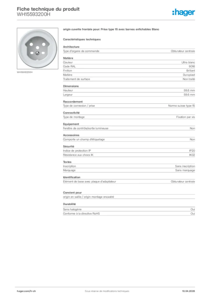 Image Hager Fiche technique du produit WH15593200H | Hager Suisse