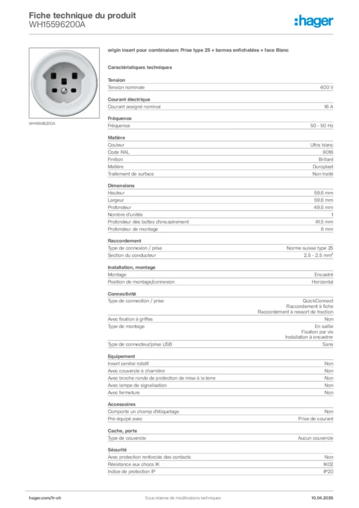 Image Hager Fiche technique du produit WH15596200A | Hager Suisse