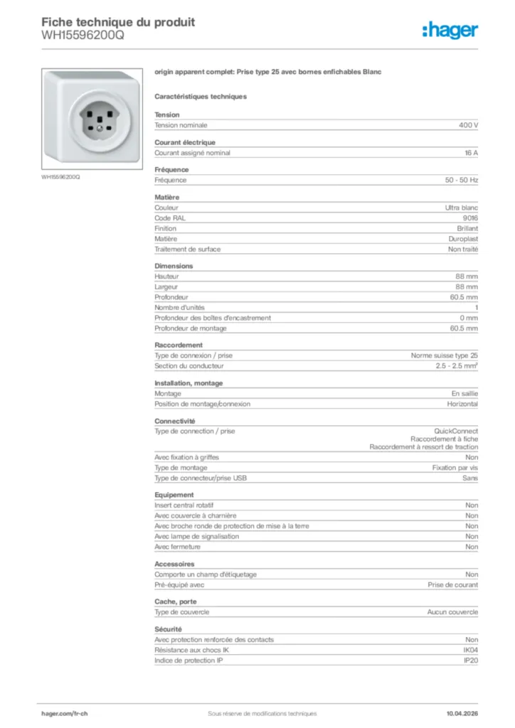 Image Hager Fiche technique du produit WH15596200Q | Hager Suisse