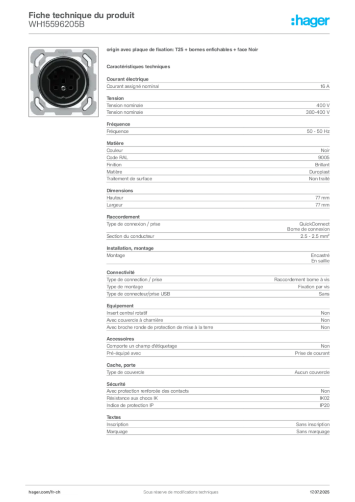 Image Hager Fiche technique du produit WH15596205B | Hager Suisse