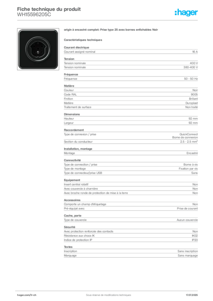 Image Hager Fiche technique du produit WH15596205C | Hager Suisse