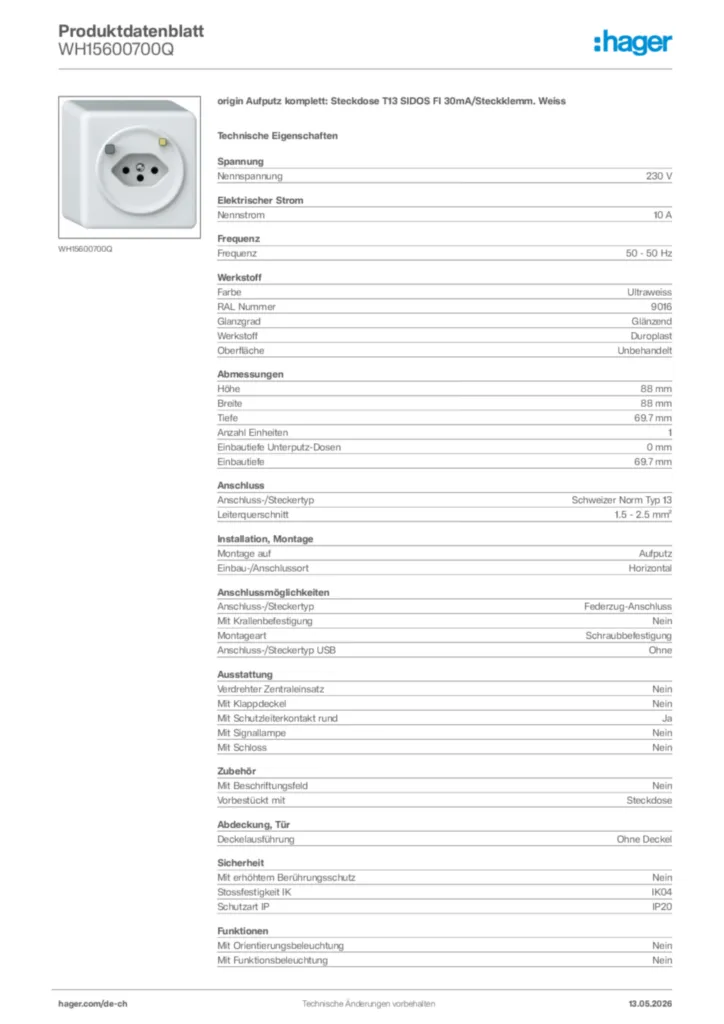 Bild Hager Produktdatenblatt WH15600700Q | Hager Schweiz