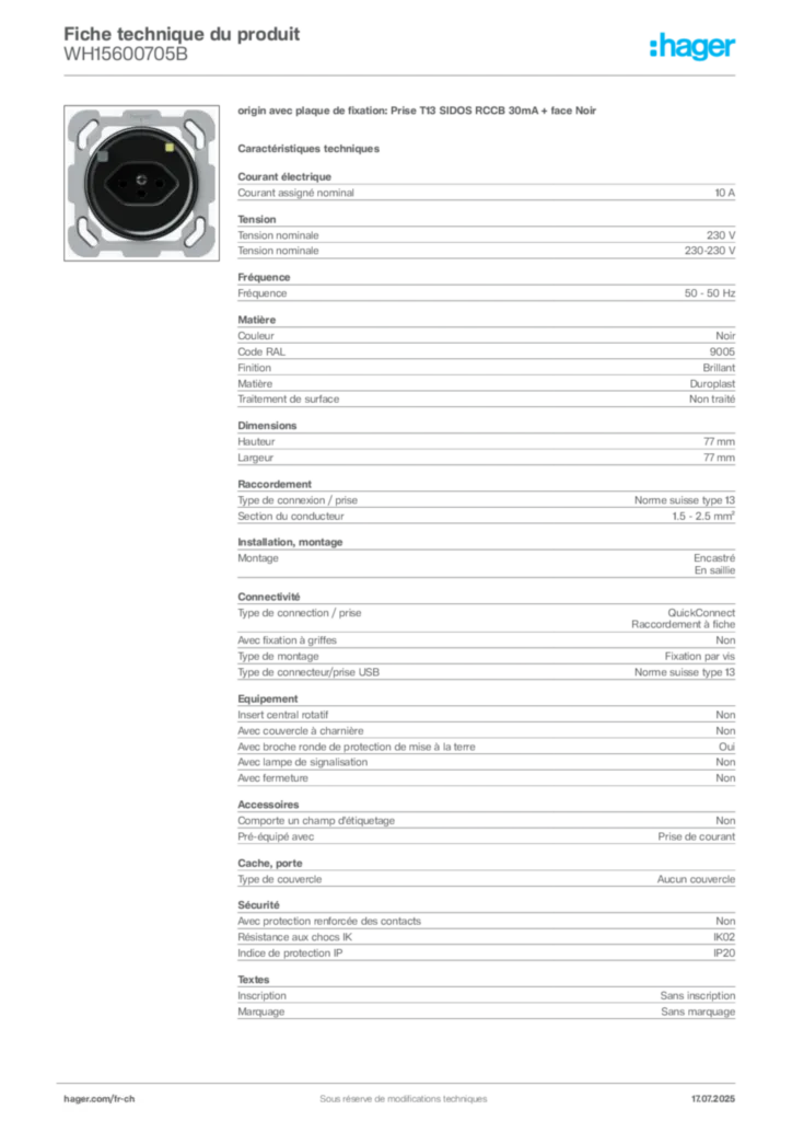 Image Hager Fiche technique du produit WH15600705B | Hager Suisse