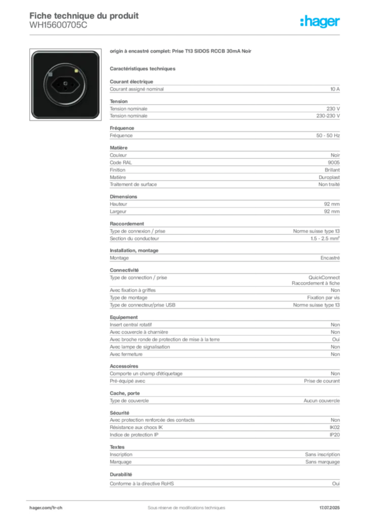 Image Hager Fiche technique du produit WH15600705C | Hager Suisse