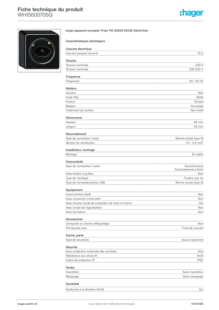 Image Hager Fiche technique du produit WH15600705Q | Hager Suisse