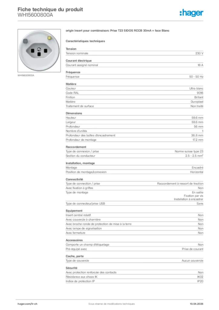 Image Hager Fiche technique du produit WH15600800A | Hager Suisse