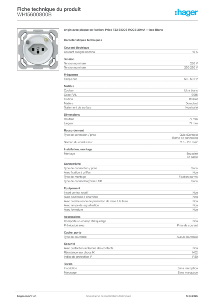 Image Hager Fiche technique du produit WH15600800B | Hager Suisse