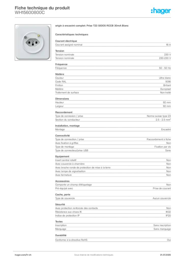 Image Hager Fiche technique du produit WH15600800C | Hager Suisse