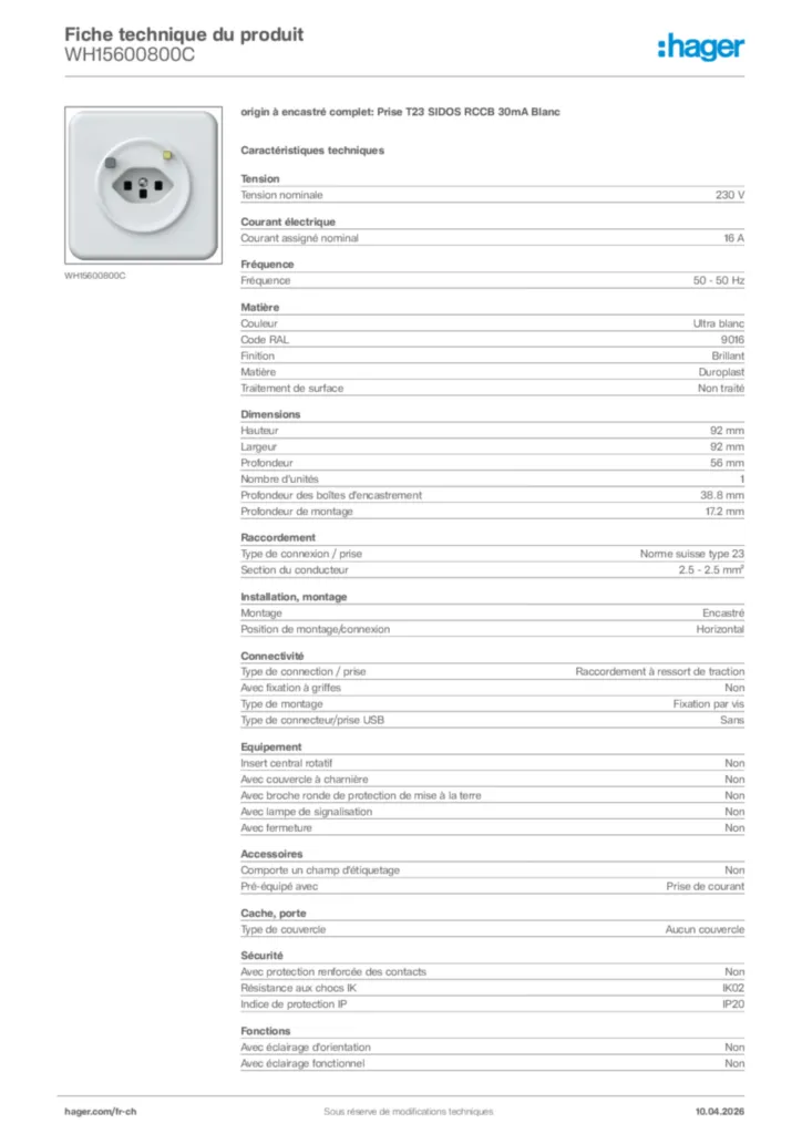 Image Hager Fiche technique du produit WH15600800C | Hager Suisse