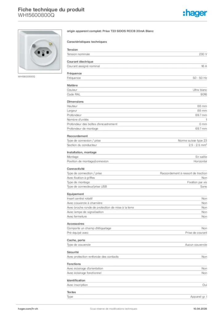 Image Hager Fiche technique du produit WH15600800Q | Hager Suisse