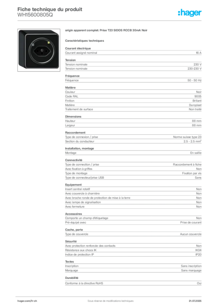 Image Hager Fiche technique du produit WH15600805Q | Hager Suisse