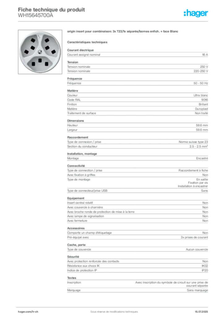 Image Hager Fiche technique du produit WH15645700A | Hager Suisse
