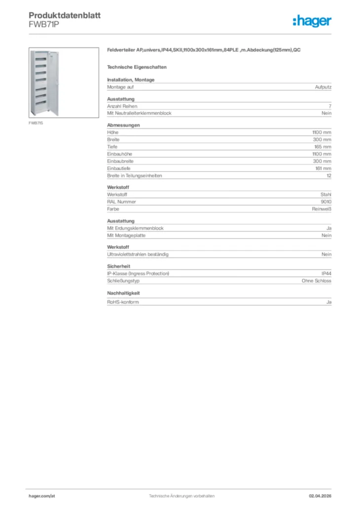 Bild Hager Produktdatenblatt FWB71P | Hager Deutschland
