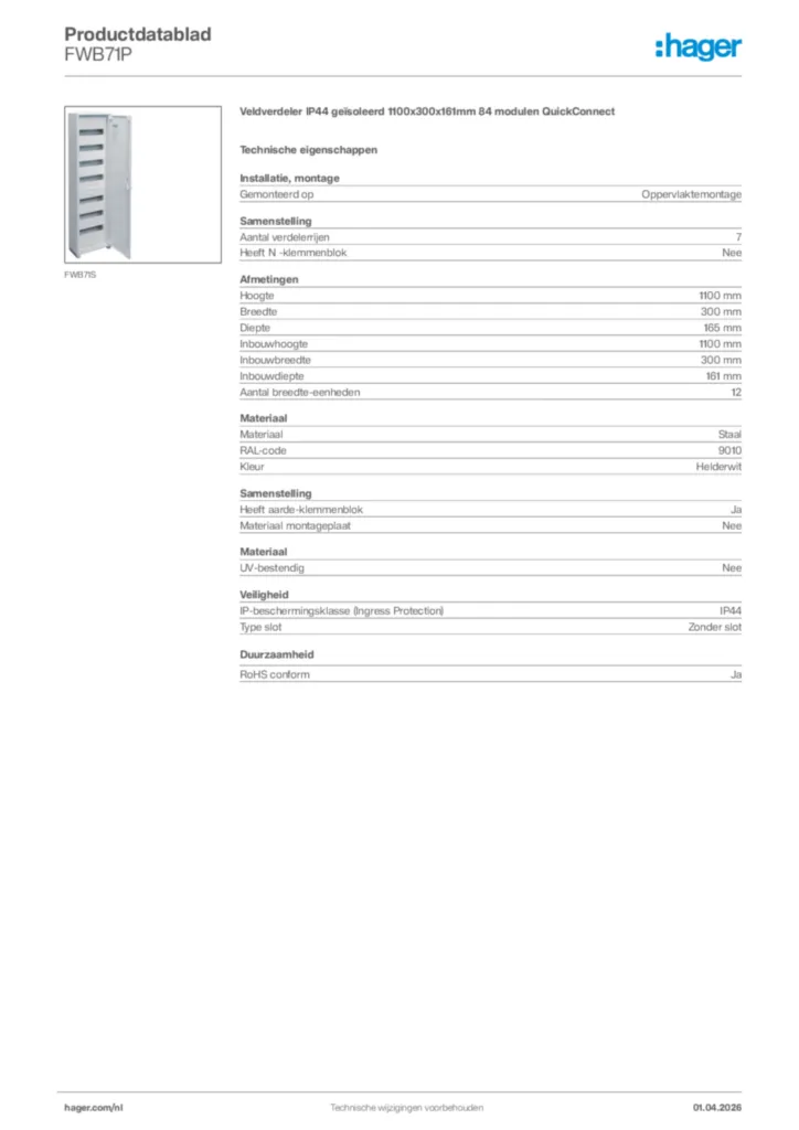 Afbeelding Hager Productdatablad FWB71P | Hager Nederland