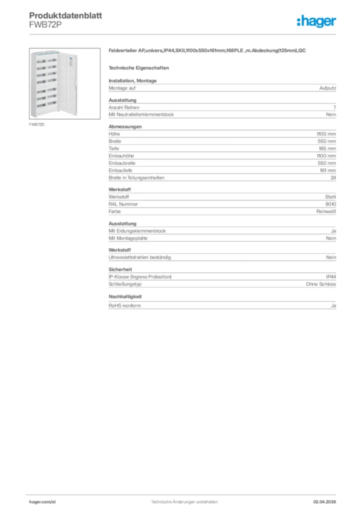 Bild Hager Produktdatenblatt FWB72P | Hager Deutschland