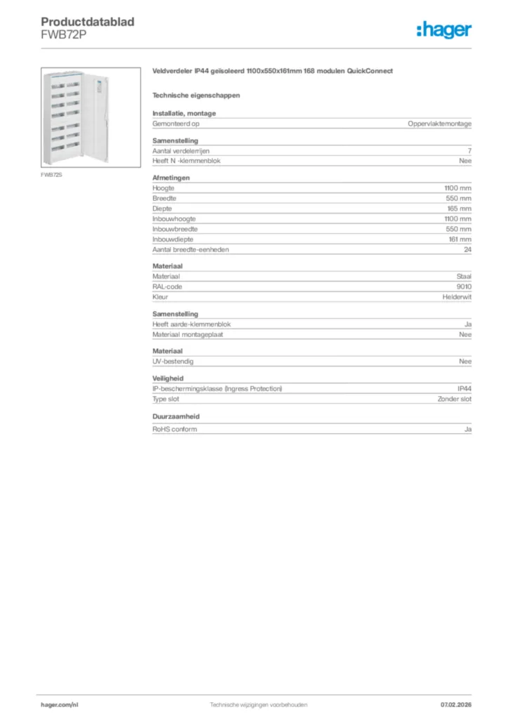Afbeelding Hager Productdatablad FWB72P | Hager Nederland