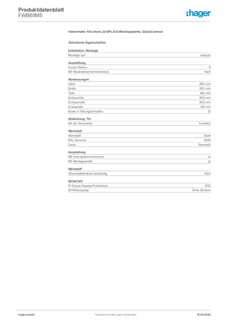 Bild Hager Produktdatenblatt FWB61M5 | Hager Deutschland