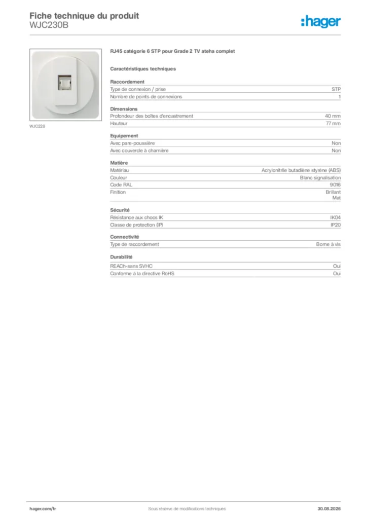 Image Hager Fiche technique du produit WJC230B | Hager France