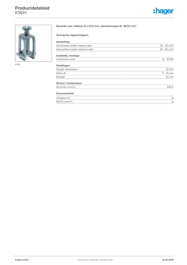 Afbeelding Hager Productdatablad K96H | Hager Nederland