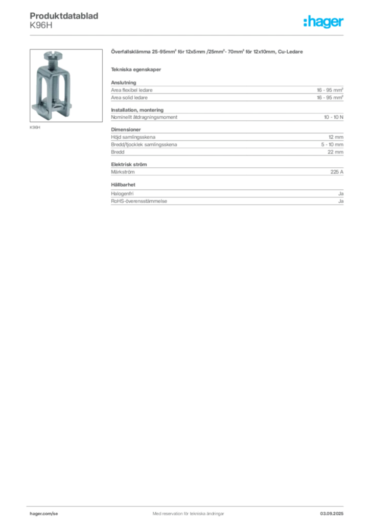 Bild Hager Produktdatablad K96H | Hager Sverige