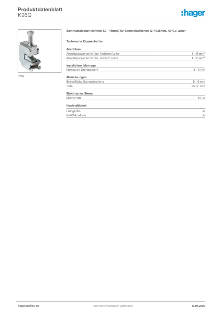 Bild Hager Produktdatenblatt K96Q | Hager Schweiz