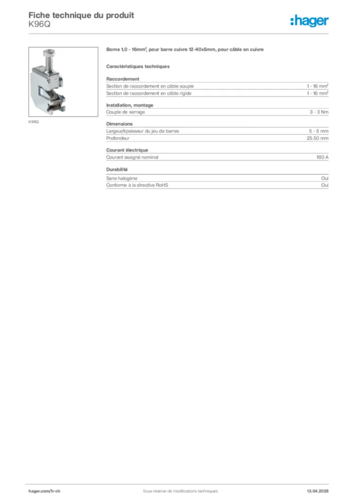 Image Hager Fiche technique du produit K96Q | Hager Suisse