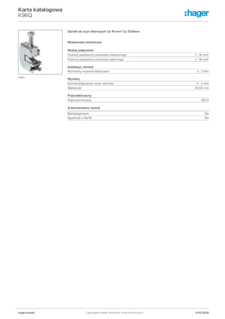 Zdjęcie Hager Karta katalogowa K96Q | Hager Polska