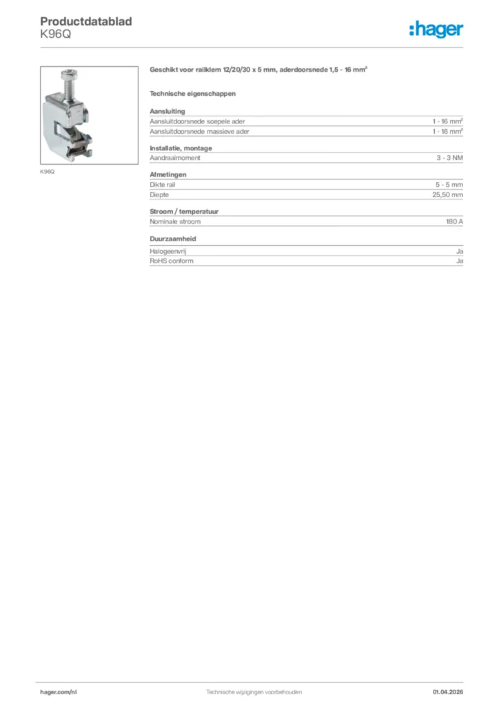 Afbeelding Hager Productdatablad K96Q | Hager Nederland