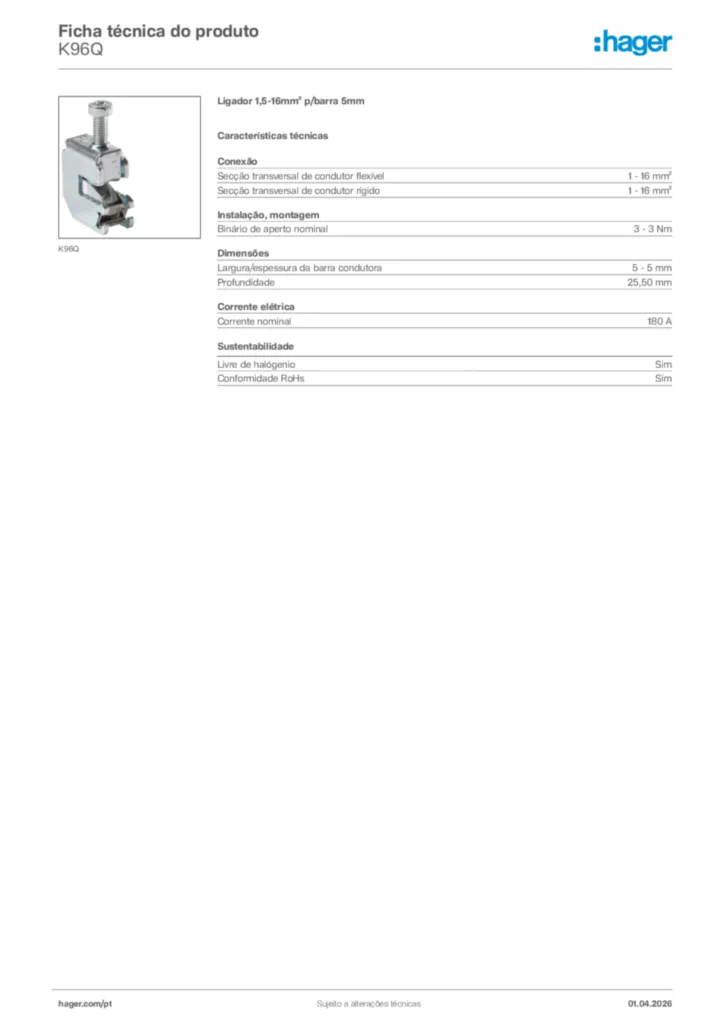 Imagem Hager Ficha técnica do produto K96Q | Hager Portugal