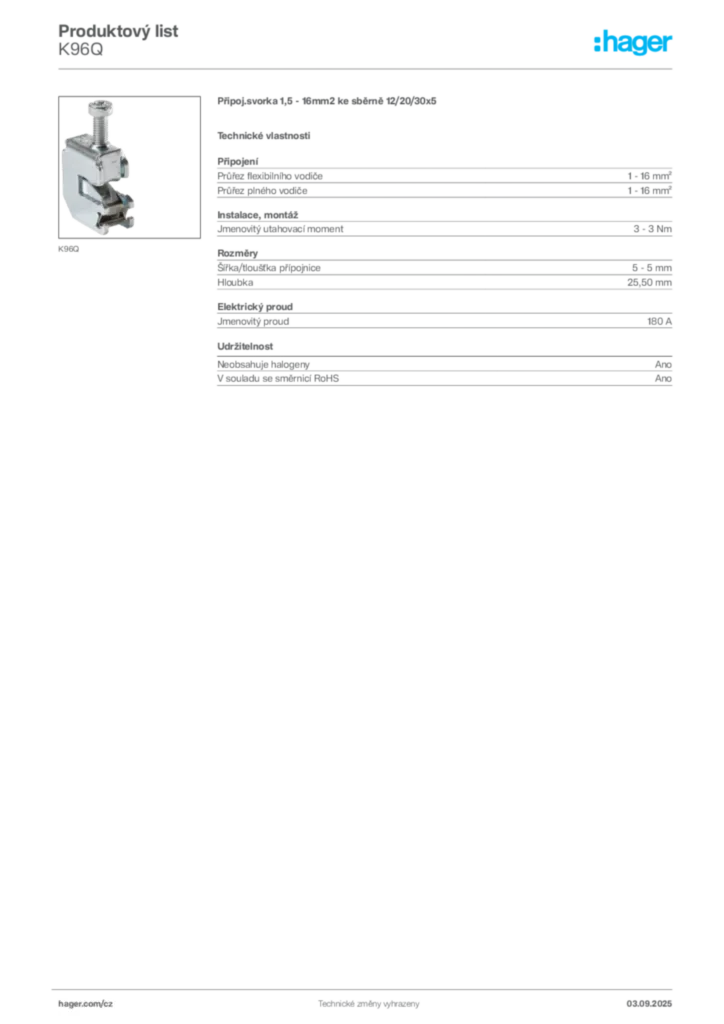 Obrázek Hager Product data sheet K96Q | Hager