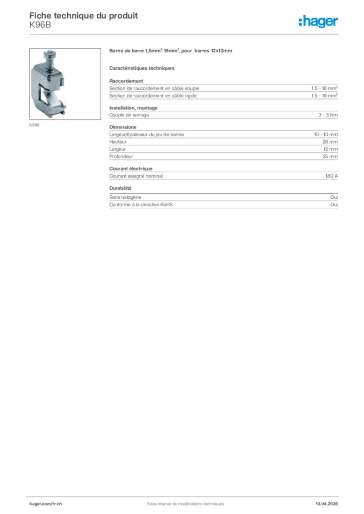 Image Hager Fiche technique du produit K96B | Hager Suisse