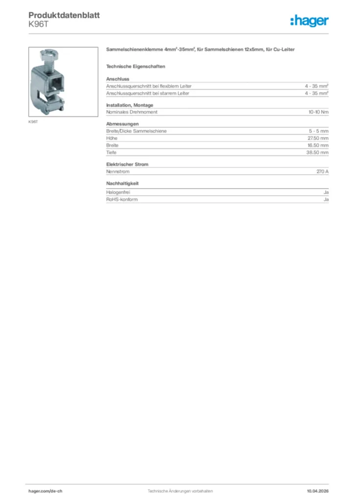 Bild Hager Produktdatenblatt K96T | Hager Schweiz