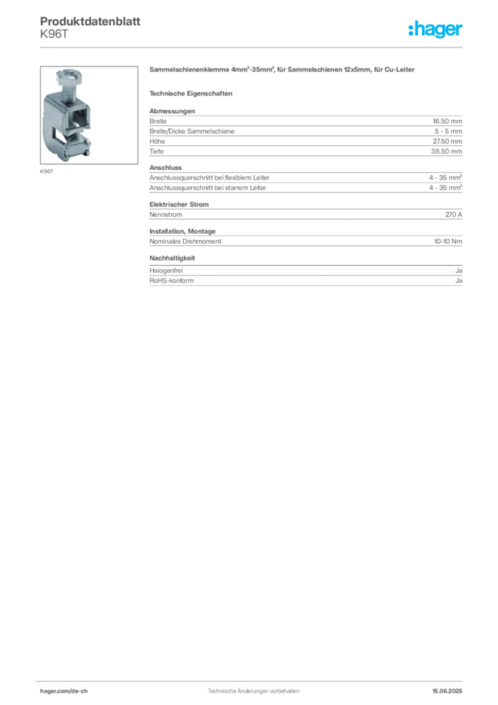 Bild Hager Produktdatenblatt K96T | Hager Schweiz