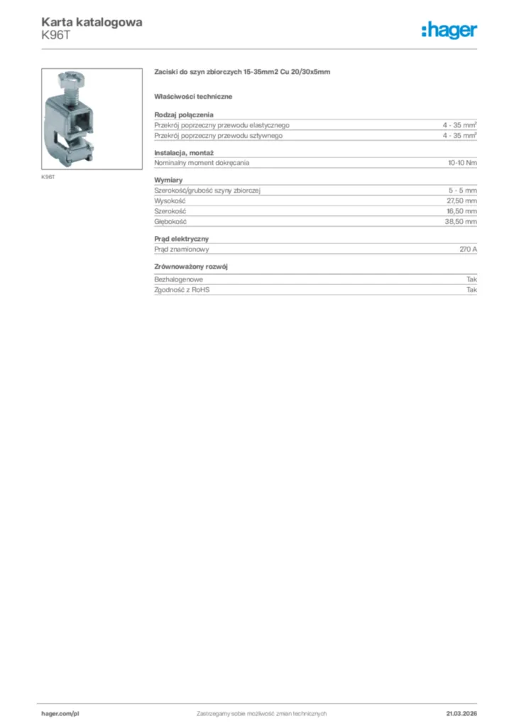 Zdjęcie Hager Karta katalogowa K96T | Hager Polska