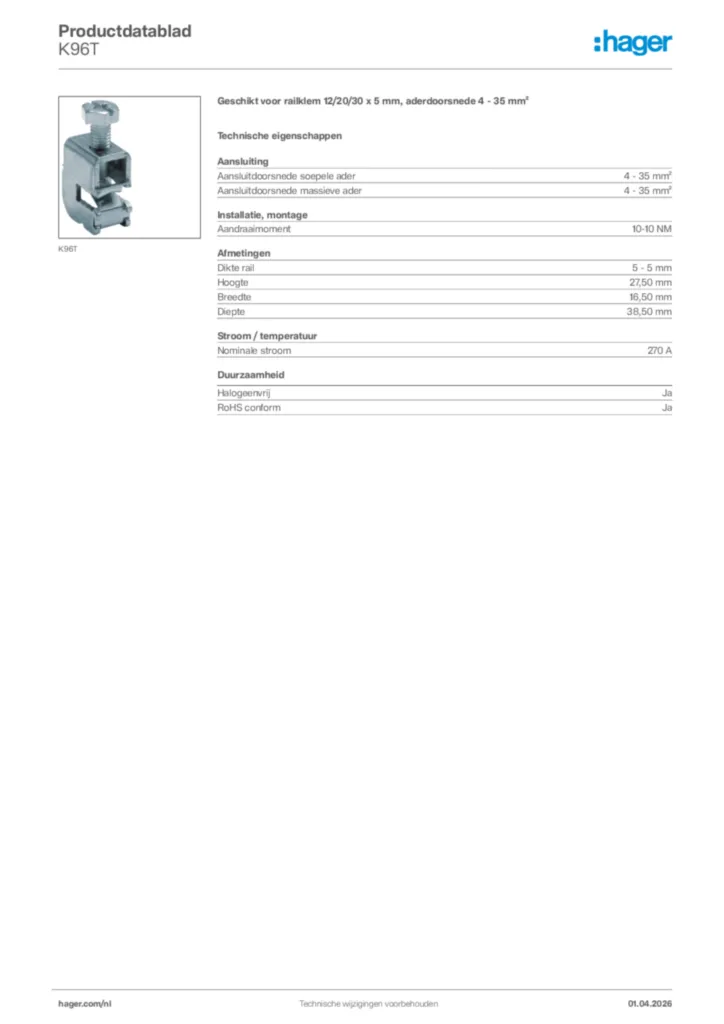 Afbeelding Hager Productdatablad K96T | Hager Nederland